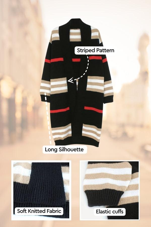 舒適條紋長針織開襟衫