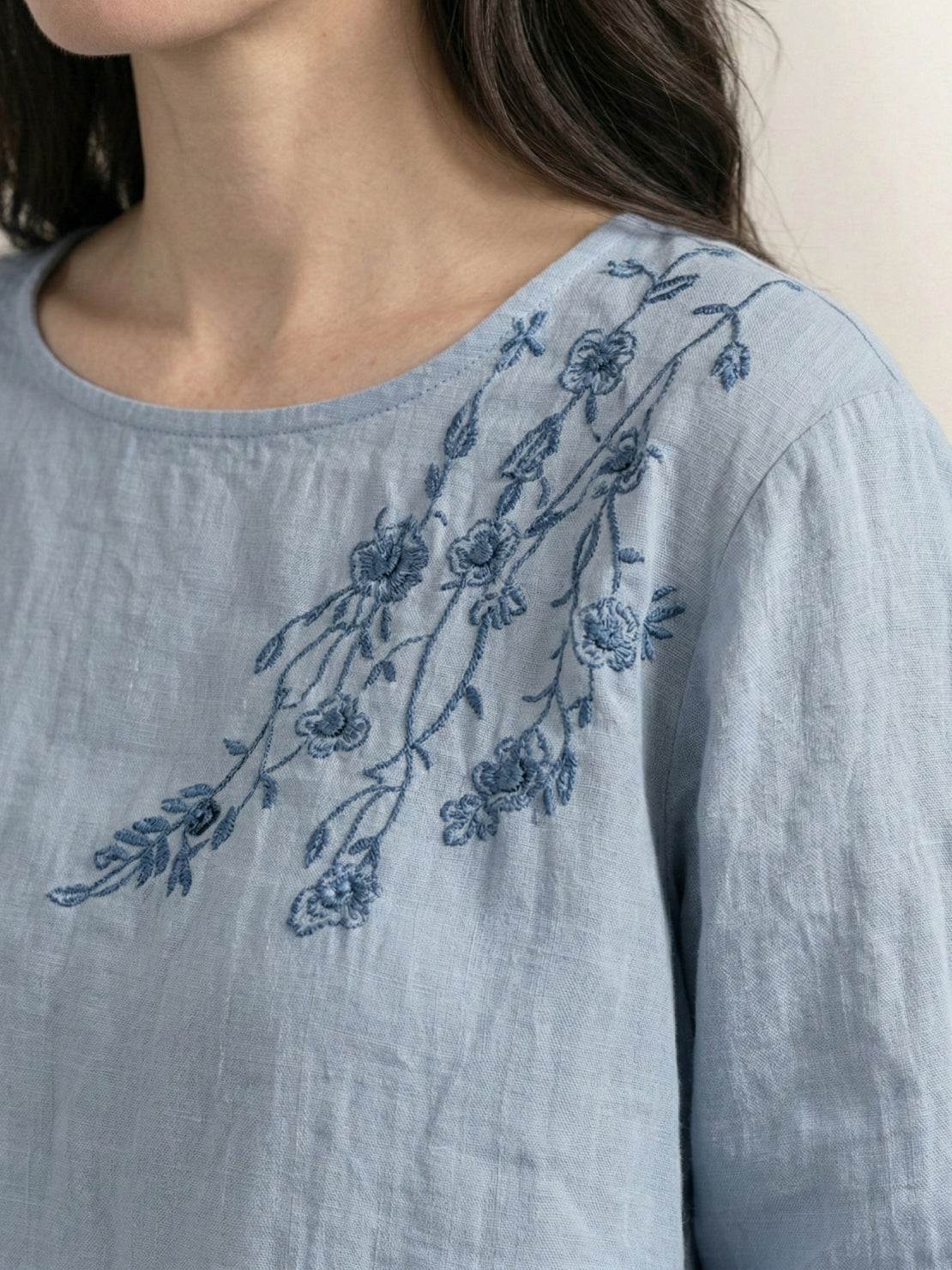 100% 棉麻刺繡襯衫