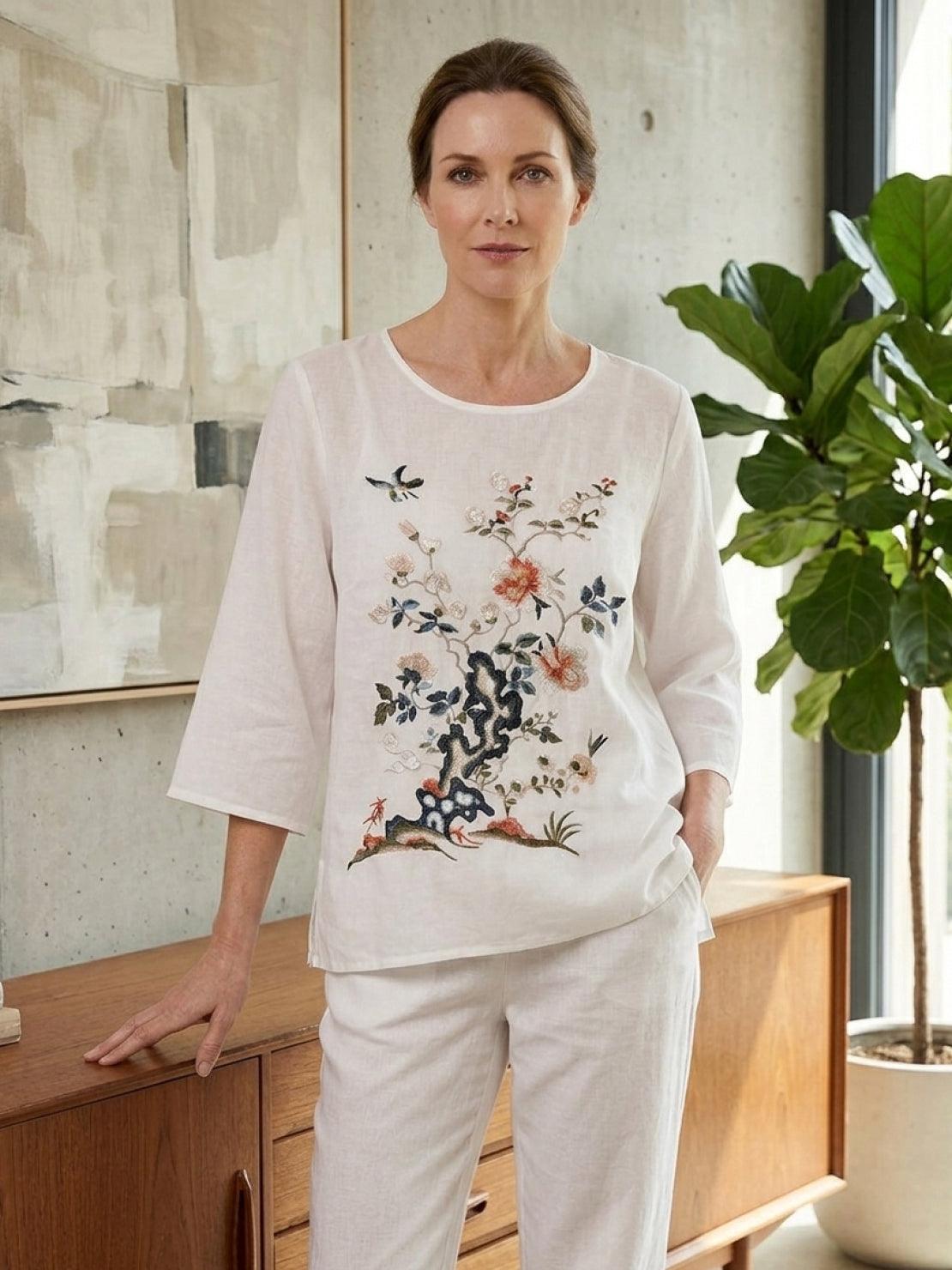 100% 棉麻手工刺繡襯衫