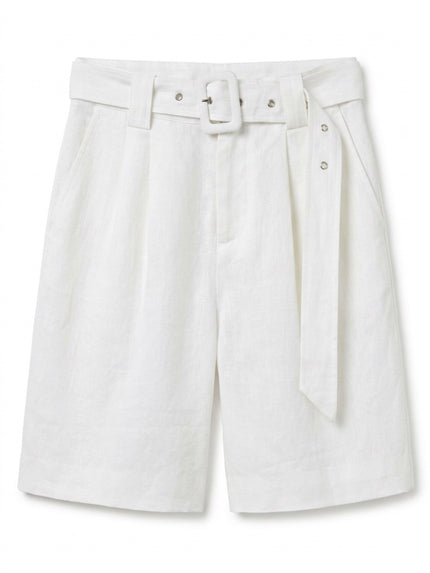 100% linen belted Bermuda shorts with high-rise waist and covered buckle belt