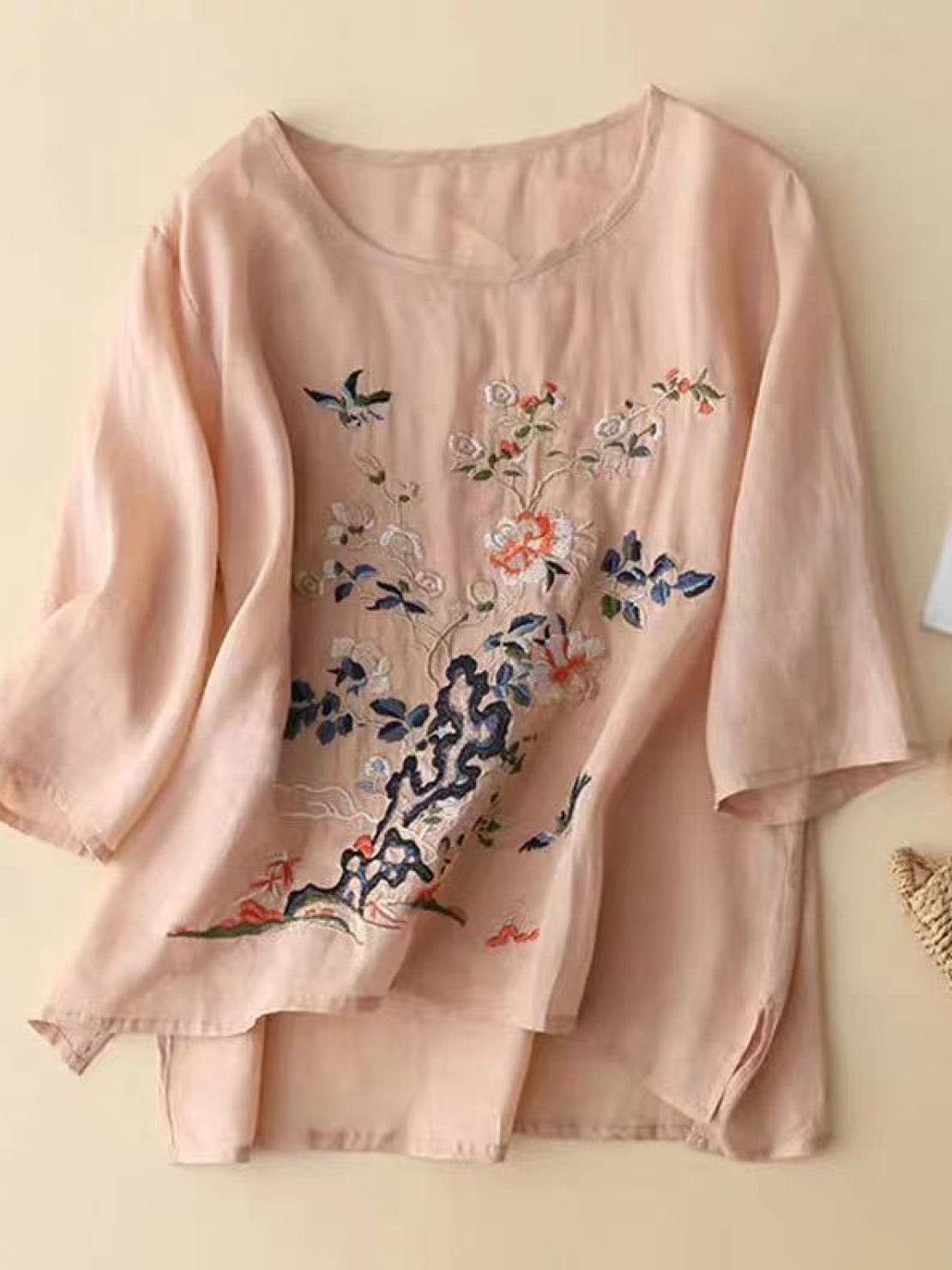 100% 棉麻手工刺繡襯衫
