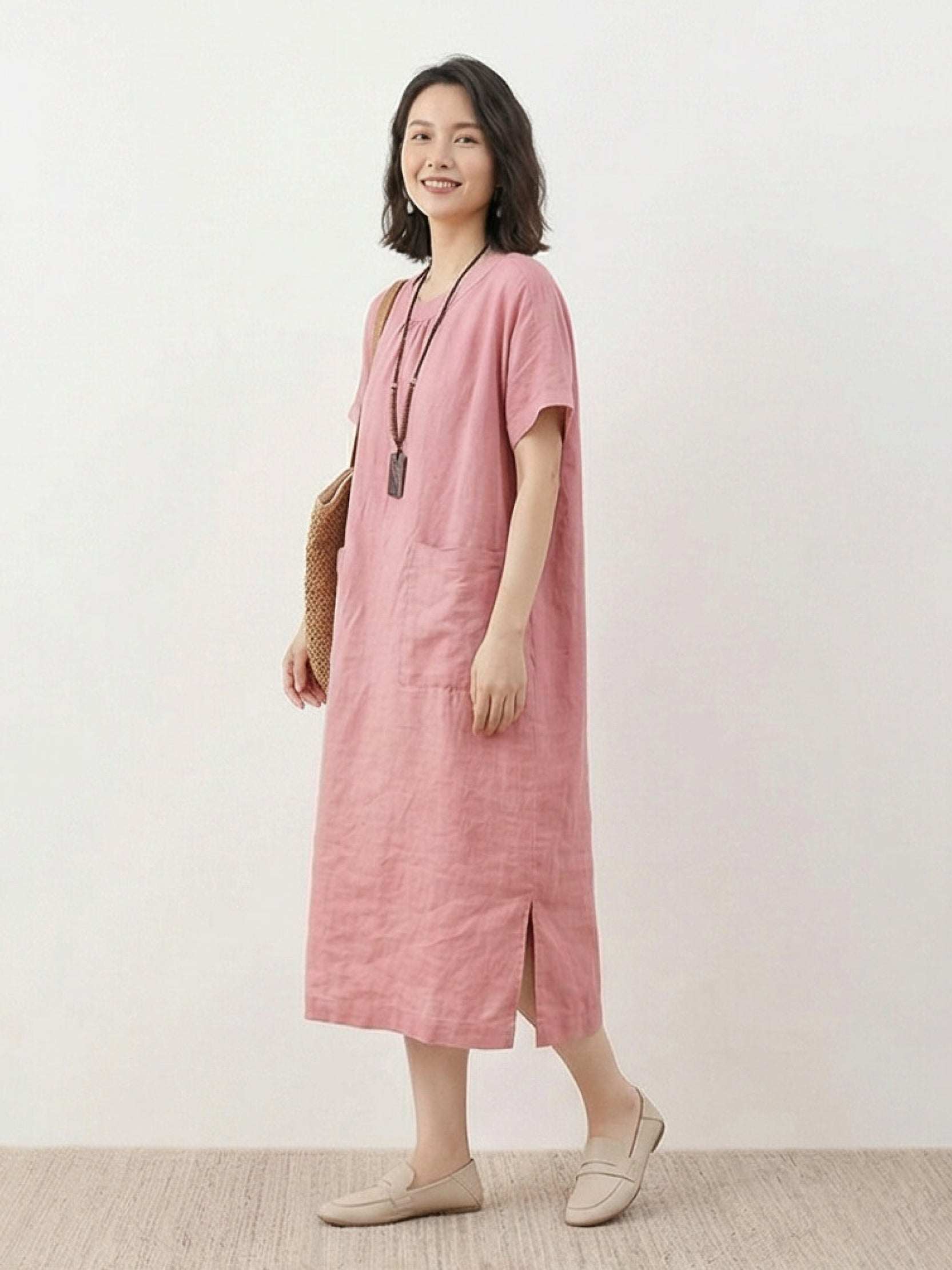 100% 亞麻口袋中長連身裙