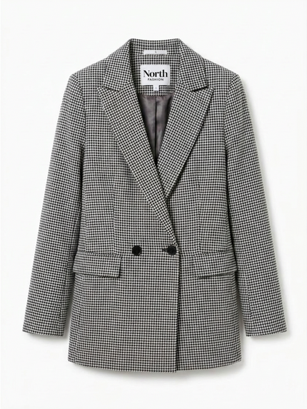 Classic houndstooth commuter blazer with structured shoulders and relaxed fit