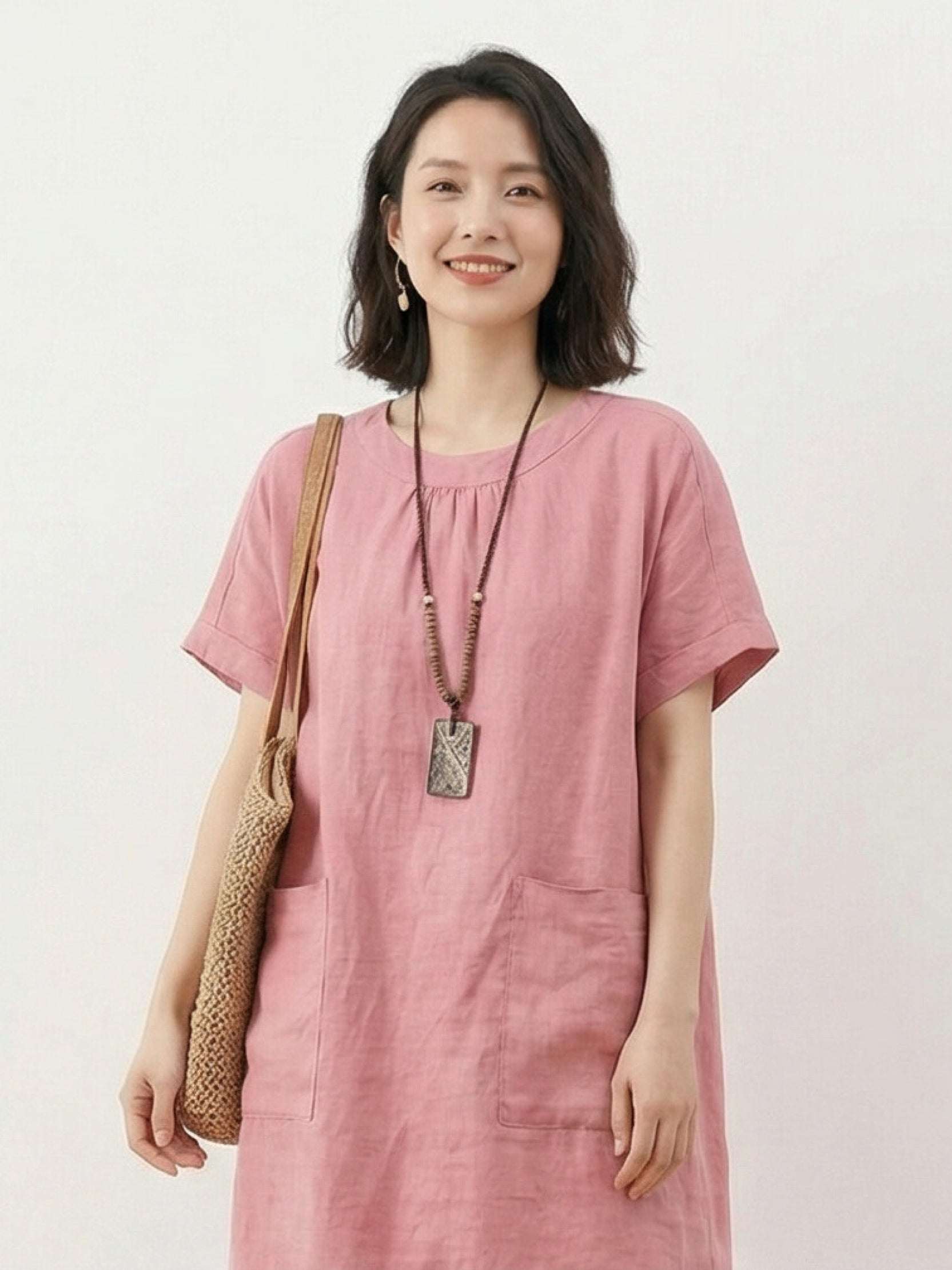 100% 亞麻口袋中長連身裙