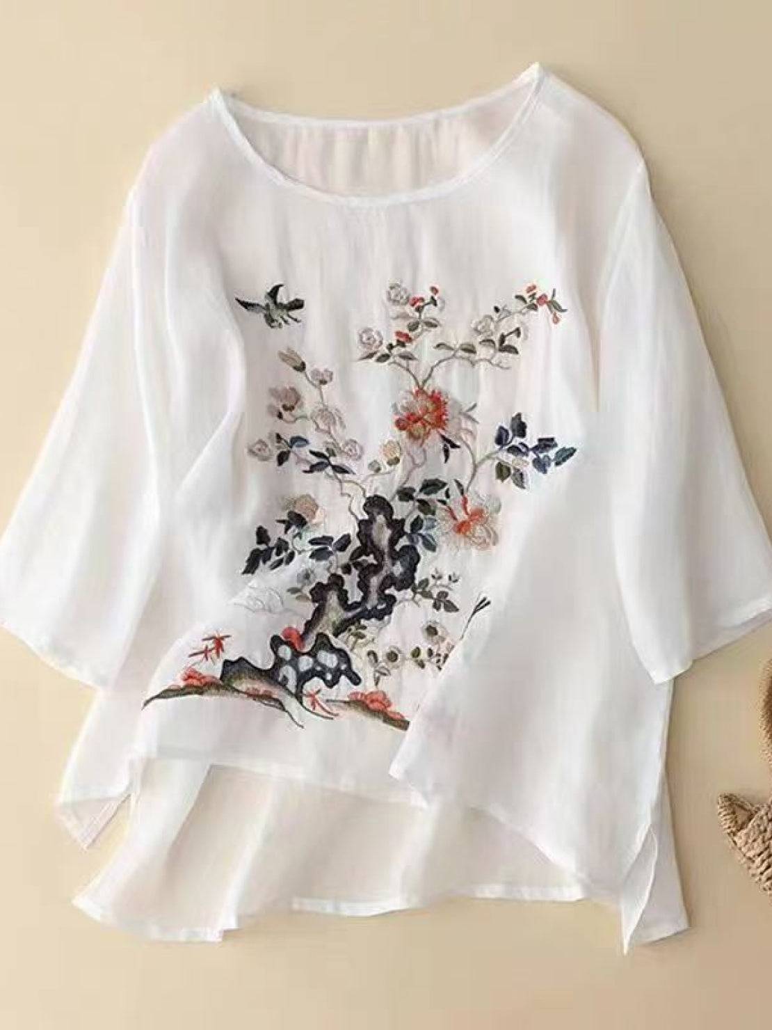 100% 棉麻手工刺繡襯衫