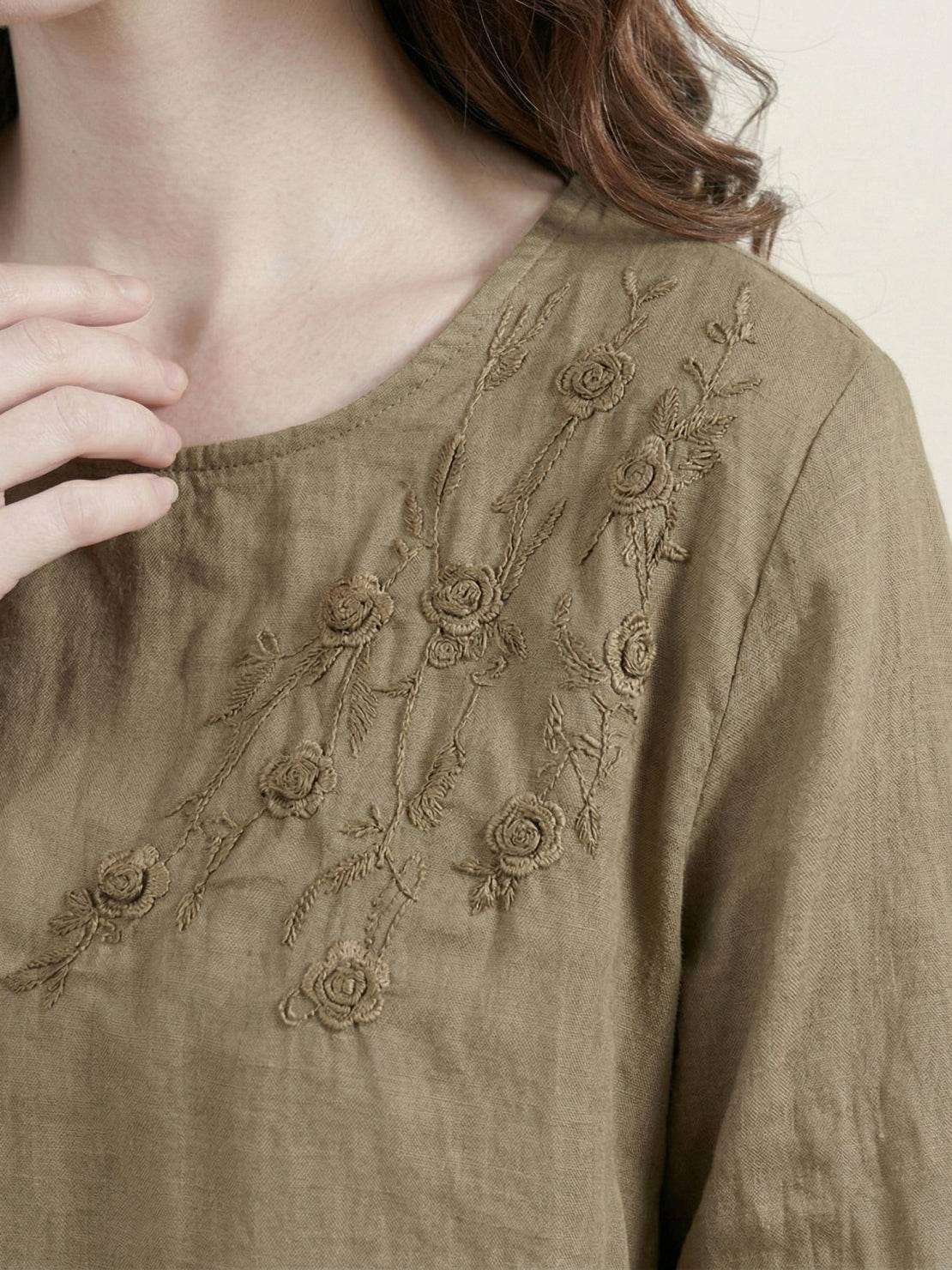 100% 棉麻刺繡襯衫