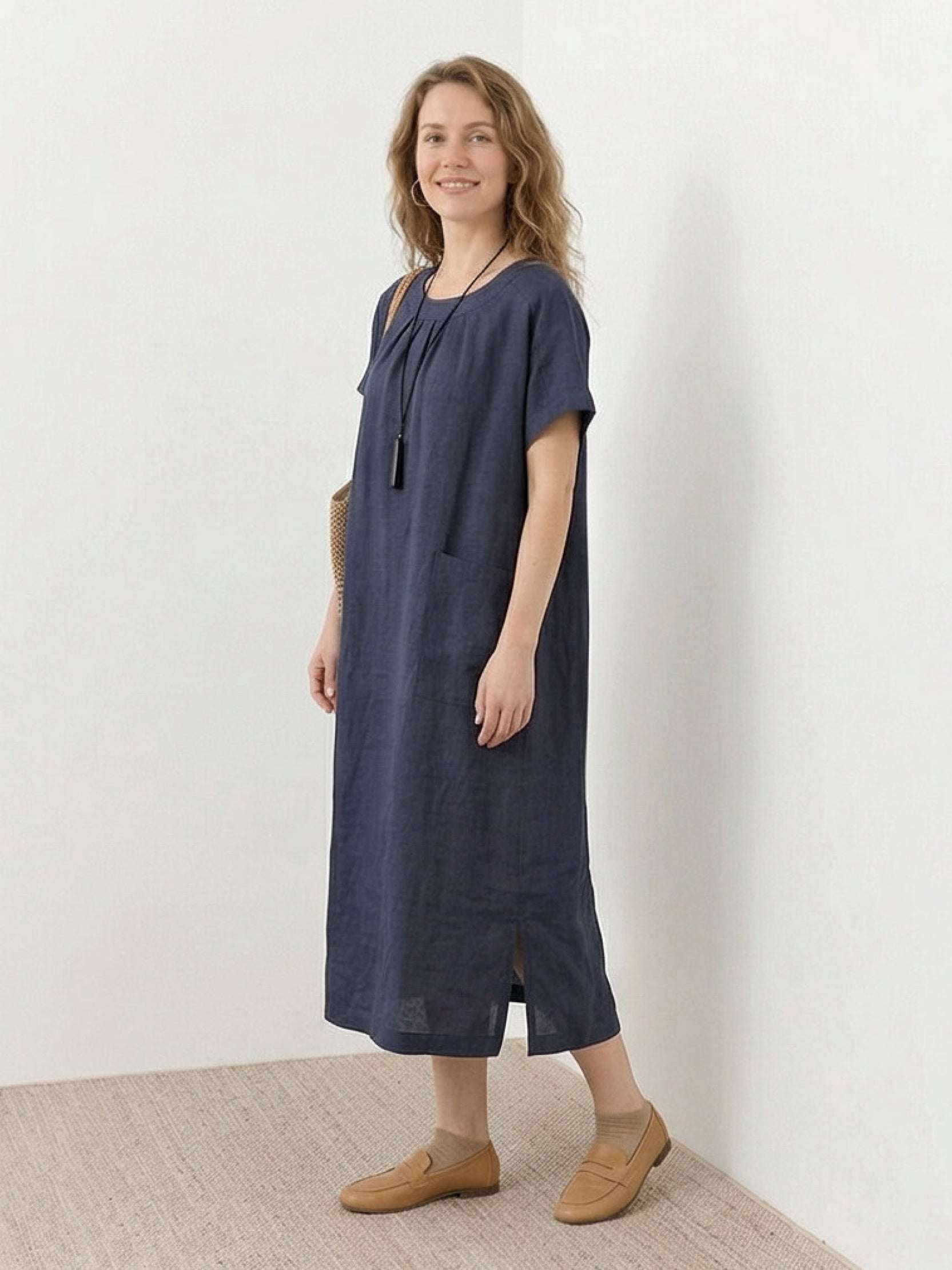 100% 亞麻口袋中長連身裙