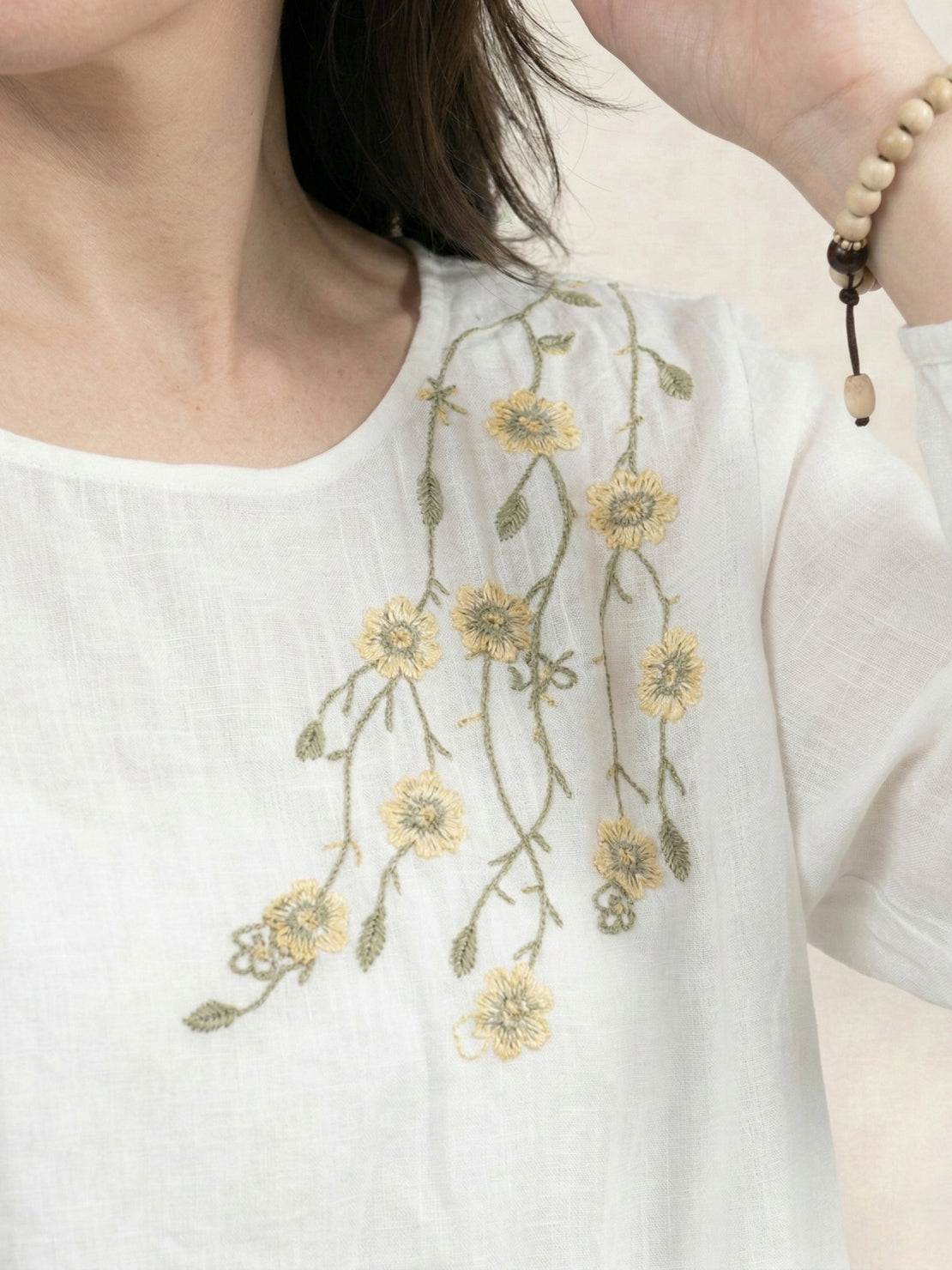 100% 棉麻刺繡襯衫