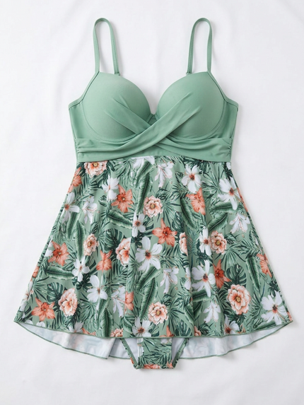 Tropical crossover skirted one-piece swimsuit with deep-V top and floral high-waist skirted bottom